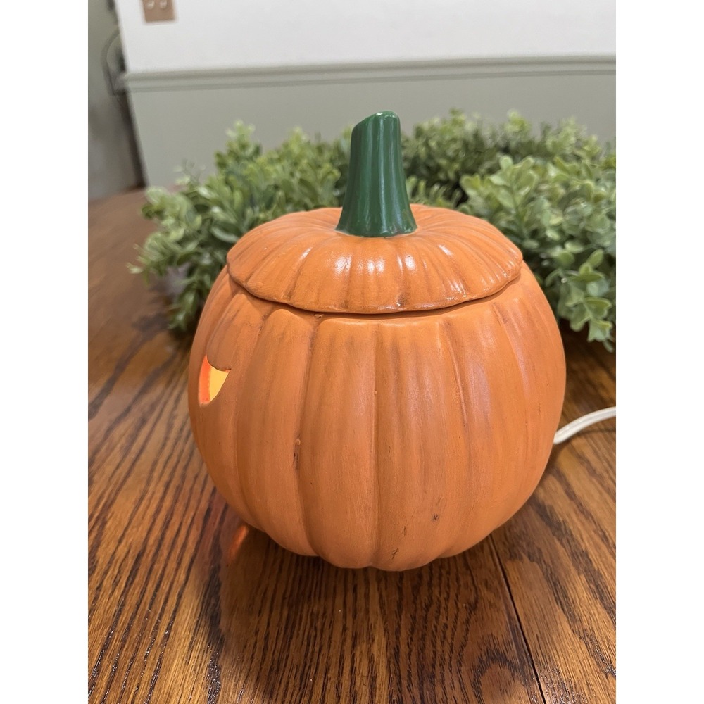 Vintage 70s Ceramic Light Up Orange Halloween Pumpkin Jack-o'-lantern Lid - Picture 5 of 9